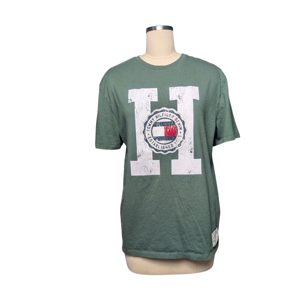 Tommy Hilfiger Retro Olive Green Logo Short Sleeve Tee Men's Large 90s 00s EUC - Picture 11 of 11